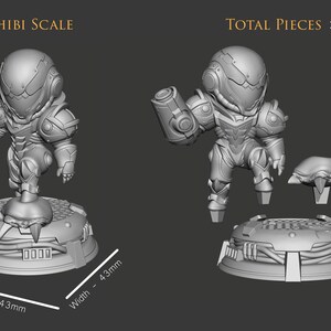 May include: A 3D printed, gray, chibi-style figurine of a character from the video game Metroid. The figurine is standing on a round base with a textured surface. The figurine is 5.9 cm tall and 4.3 cm wide. The image also shows the separate pieces of the figurine, including the base and the character's head. The image text reads "CHIBI SCALE" and "TOTAL PIECES 3".