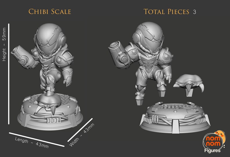 May include: A 3D printed, gray, chibi-style figurine of a character from the video game Metroid. The figurine is standing on a round base with a textured surface. The figurine is 5.9 cm tall and 4.3 cm wide. The image also shows the separate pieces of the figurine, including the base and the character's head. The image text reads "CHIBI SCALE" and "TOTAL PIECES 3".