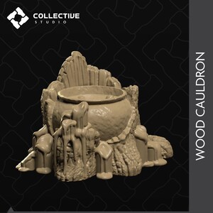 Wood Cauldron, Witch, Fairy | D&D Tabletop Roleplaying Game Scatter Miniature | Diorama | Collective Studio | 3D Print
