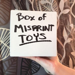 May include: A white cardboard box with the handwritten text "Box of MISPRINT TOYS" in black marker. The box is held in a person's hand against a patterned background.