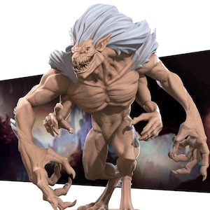 May include: A detailed 3D printed miniature of a monstrous creature with a white mane, sharp claws, and a snarling expression. The creature has a muscular build and a humanoid form with a long tail.