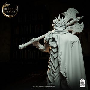 May include: A white, detailed miniature figurine of a warrior wearing armour and a cape, holding a large axe with a spiked handle. The figurine is posed in a standing position, facing away from the viewer.