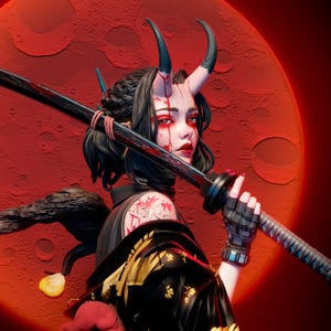 May include: A digital illustration of a female figure with red eyes, horns, and blood streaks, holding a katana. She wears a black and gold kimono against a red moon backdrop. The image has a fantasy or anime theme.