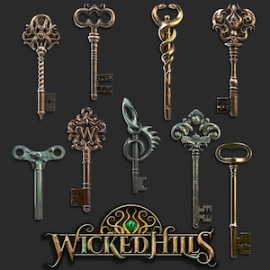 May include: An assortment of antique keys in various designs and finishes, including ornate, twisted, and skeletal styles. The keys are in shades of bronze, gold, and silver, with intricate details. The image includes the text "Wicked Hills" at the bottom.