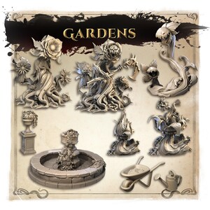 May include: A collection of fantasy garden sculptures, including a fountain, wheelbarrow, and watering can. The sculptures feature floral and root-like designs, with the word "GARDENS" in gold lettering at the top.