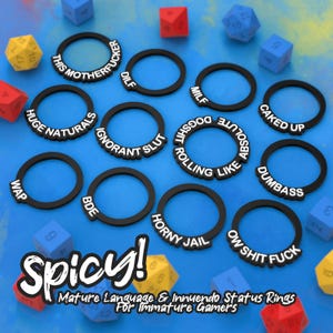 12 Spicy Novelty Status Rings | D&D TTRPG Game Accessory | Found Family Adventurecrafts | 3D Print