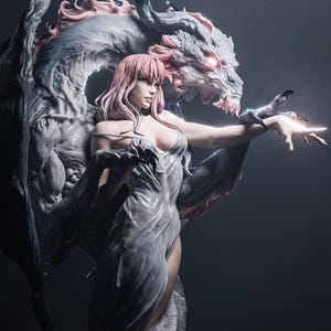 3D printed resin garage kit figure of Dragon Lady by Tattles Told 3D, showcasing detailed sculpt with vibrant colors.