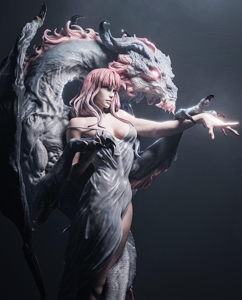3D printed resin garage kit figure of Dragon Lady by Tattles Told 3D, showcasing detailed sculpt with vibrant colors.