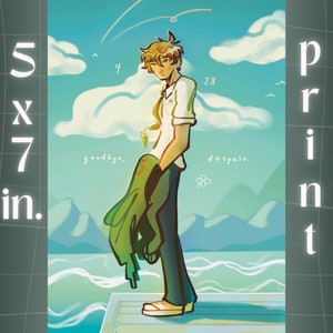 May include: A digital illustration of a person standing on a wooden dock. The person has short brown hair and is wearing a white shirt, blue jeans, and a green jacket. The background is a blue sky with white clouds and a body of water. The text "goodbye." and "despair." is written on the image.