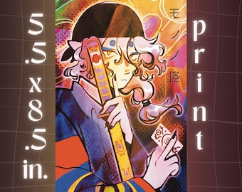 May include: A colorful illustration of a person with pink hair wearing a black hat and holding a long, yellow and blue staff. The person is holding a card with a swirling design in their other hand. The background is a vibrant mix of colors and abstract shapes. The text "print" is written vertically on the right side of the image. The text "5.5 x 8.5 in." is written vertically on the left side of the image.