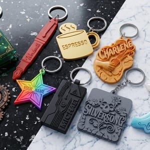 May include: A collection of keychains with various designs. Includes a green book with "ADVENTURER", a red pen, a gold coffee mug with "ESPRESSO", a star with "YOUR NAME", a guitar with "CHARLENE", a camera, a shield with "VALOR", a gear, a black rectangle with "MICHAEL", a gray rectangle with "SILVERSONG", a lotus flower with "SERENITY", and a wave with "OCEANIDE".
