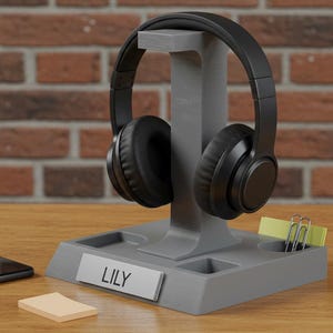 Personalized Headphone Stand with Nameplate | Custom Desk Organizer | 3D Printed Gamer Gift | Office Tech Accessory