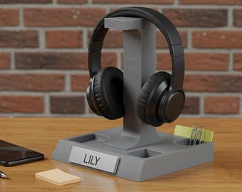 Personalized Headphone Stand with Nameplate | Custom Desk Organizer | 3D Printed Gamer Gift | Office Tech Accessory