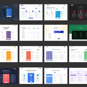 May include: A collection of website screenshots showcasing different pricing plan layouts. The screenshots feature various color schemes, including black, white, green, and blue. Each screenshot displays a pricing table with different plan options and their corresponding features and prices.