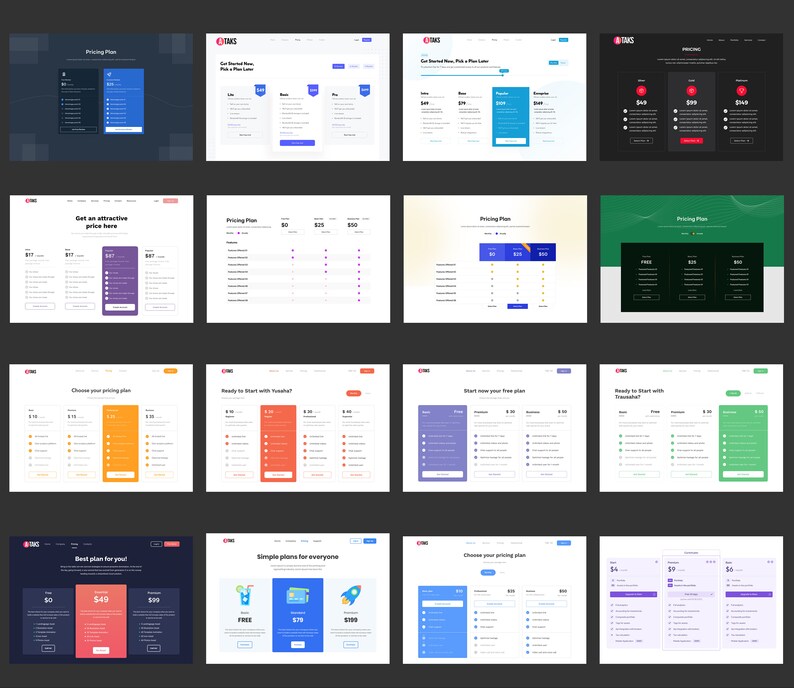 May include: A collection of website screenshots showcasing different pricing plan layouts. The screenshots feature various color schemes, including black, white, green, and blue. Each screenshot displays a pricing table with different plan options and their corresponding features and prices.