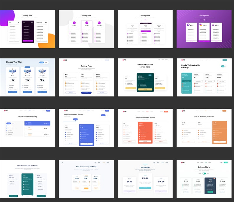 May include: A collection of website screenshots showcasing different pricing plan layouts. The screenshots feature various color schemes, including purple, blue, green, and orange. The plans are presented in a table format with different pricing tiers and features.