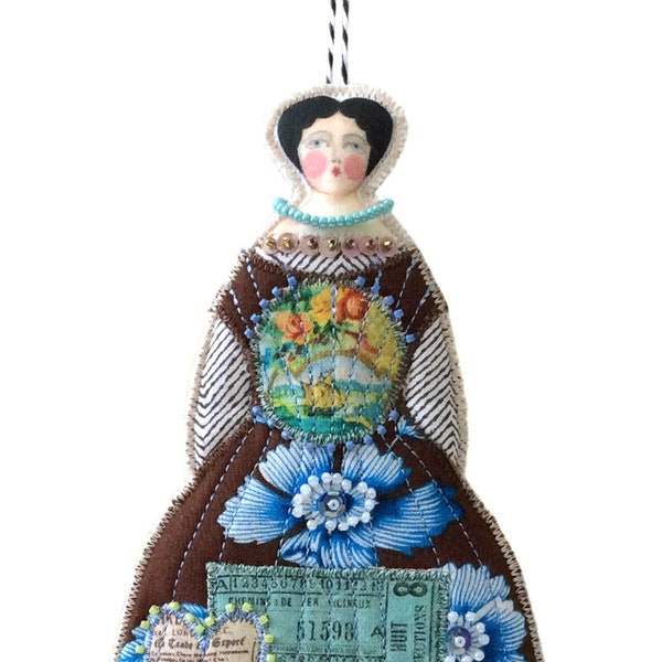 New Size Fabric Collage Textile Art Quilted Stuffed And Embellished Folk Art Doll Ornament