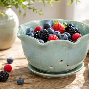 Handmade Pottery Berry Bowl with Saucer – Soft green  Ceramic Fruit Colander