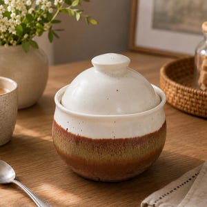 Handmade Ceramic Sugar Bowl with Lid: Speckled Cream & Red-Brown Glaze