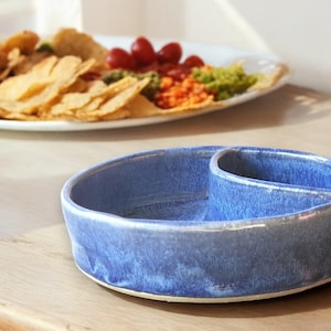 Hand made Pottery Chip and dip bowl -Ceramic individual snack size  chip and dip platter -Blue TV plate for one - unique gift for him