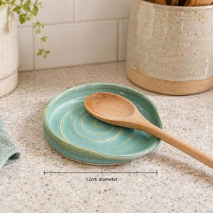 Handmade Ceramic Spoon Rest – Spearmint Green Pottery, Kitchen Utensil Holder
