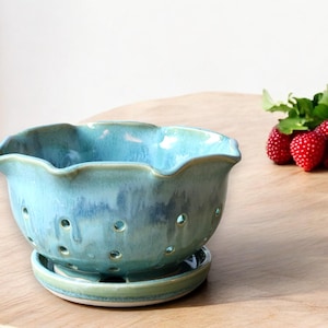 Handmade Pottery Berry Bowl with Saucer - Ceramic Colander & Drainer - Large Australian Made Berry Bowl for Fresh Fruit