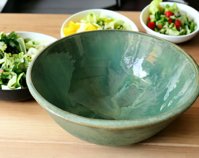 Handmade pottery serving bowl- greens - Large salad bowl - Fruit bowl - Unique display bowl