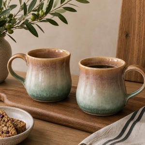 Handmade Pottery Mug 300ml – Rustic Ceramic Coffee Cup | Green Amber Brown Glaze | Melbourne, Australia