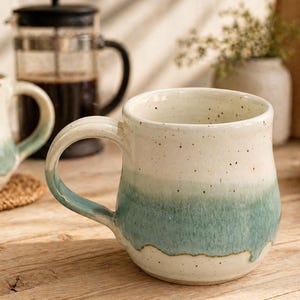 Ceramic Mug, Speckled Cream and Green, 300ml Handmade Pottery Cup