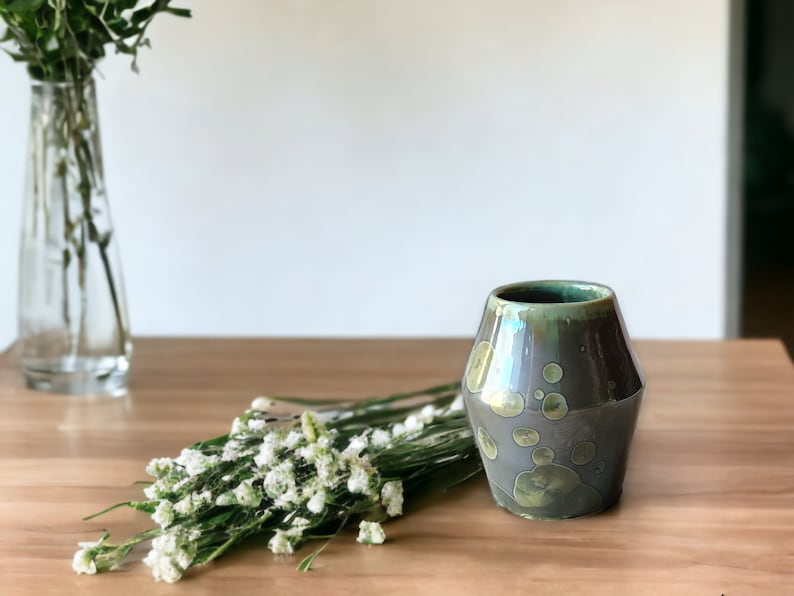 Ceramic bud Vase Handmade small pottery vase Porcelain crystalline vase made in Australia Deep green mirror finish SECOND Marked down. image 1