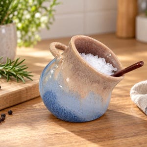 May include: A ceramic salt cellar with a rounded body and a single handle, featuring a gradient glaze that transitions from a deep blue at the base to a light tan at the top. The vessel is filled with coarse white salt and includes a small dark spoon.