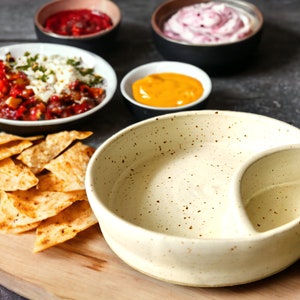 Hand-made Pottery Chip and dip bowl in speckle buttermilk glaze-Ceramic individual snack size chip and dip platter - TV plate for one