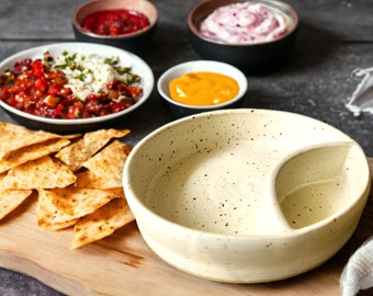 Hand-made Pottery Chip and dip bowl in speckle buttermilk glaze-Ceramic individual snack size chip and dip platter - TV plate for one