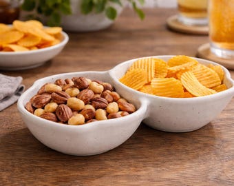 Handmade Double Snack Bowl – Speckled Cream Ceramic Divided Serving Bowl