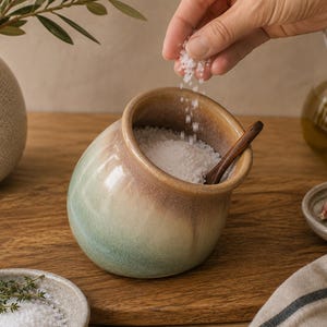 May include: A round ceramic salt cellar with a smooth, glazed finish that transitions from a soft sage green at the base to a warm, earthy brown at the rim. The container is filled with coarse white sea salt and includes a small dark wooden spoon.