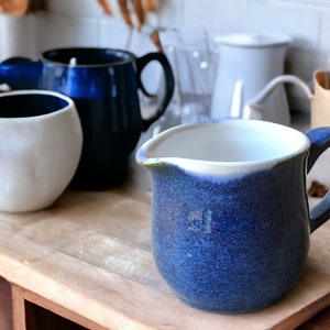 Handmade pottery Jug, 400ml ceramic creamer, Australian-made milk jug, mottled Blue creamer, gravy boat, milk jug, small pitcher image 1