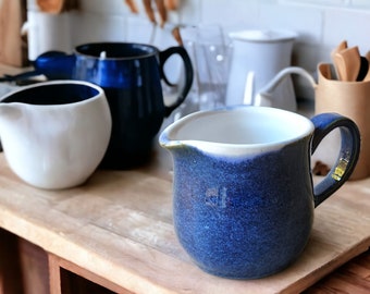 Handmade pottery Jug, 400ml ceramic creamer, Australian-made milk jug, mottled  Blue creamer, gravy boat, milk jug, small pitcher