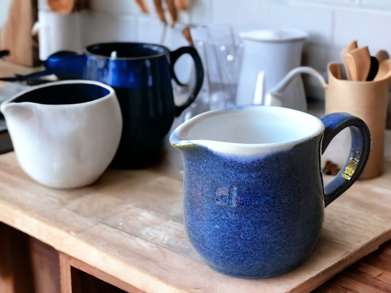 Handmade pottery Jug, 400ml ceramic creamer, Australian-made milk jug, mottled Blue creamer, gravy boat, milk jug, small pitcher image 1