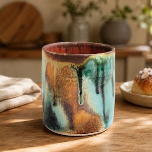 May include: A cylindrical ceramic mug featuring a reactive glaze with blended tones of turquoise, deep brown, and warm orange. The exterior surface displays vertical drip patterns and a textured finish, while the interior rim shows a reddish hue.