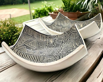 Hand-made ceramic bowls - carved pottery display plates/ bowls - serving or centrepiece - beautiful unique gift - home decor