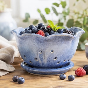 Handmade Ceramic Berry Bowl with Saucer – Blue Pottery Fruit Colander, Kitchen Gift