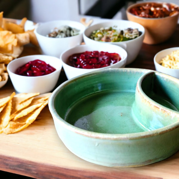 Hand made Pottery Chip and dip bowl -Ceramic individual snack size  chip and dip platter - TV plate for one - seafoam greens