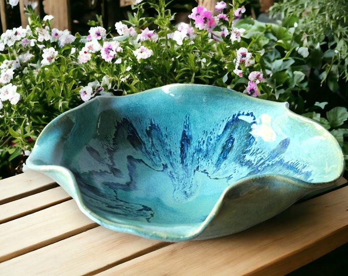 Handmade pottery serving bowl- Blue/greens handcrafted ceramic fruit bowl