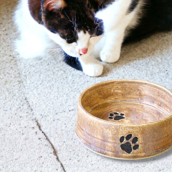 Hand-made Pottery pet bowl  - Ceramic Pet water bowl with paw prints - high-sided plate for your fur baby - cat feeder.-