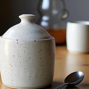 May include: A cream-coloured ceramic sugar bowl with a lid, speckled with brown spots, is on a wooden surface. A silver spoon is nearby. A white mug and a glass container are in the background, suggesting a kitchen or dining setting.