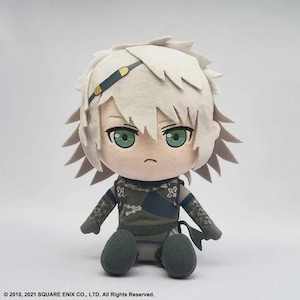 May include: A plush doll featuring a character with short, spiky white hair, a dark headband, and green eyes. The doll wears a dark gray and black outfit with intricate floral patterns on the sleeves and a small, neutral facial expression.