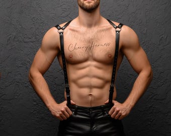 Schwarzer handgemachter Brustgurt Mann, Herrenleder Körperzubehör, Leder Hosenträger für Hosen, Harness Körpergürtel für Männer, Rave Geschirr