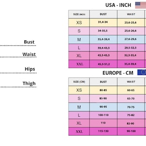 May include: A diagram illustrating body measurements for clothing sizes. The image includes a female figure with labeled bust, waist, hips, and thigh measurements. Size charts in inches and centimeters are also included.