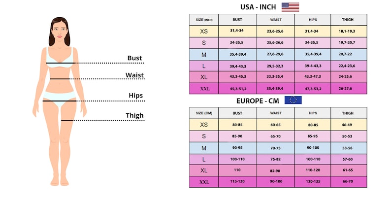 May include: A diagram illustrating body measurements for clothing sizes. The image includes a female figure with labeled bust, waist, hips, and thigh measurements. Size charts in inches and centimeters are also included.
