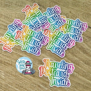 Traveling Postcard inside, traveling postcard sticker, TPC stickers, send more snail mail, happy mail, rainbow, colorful, sticker collector